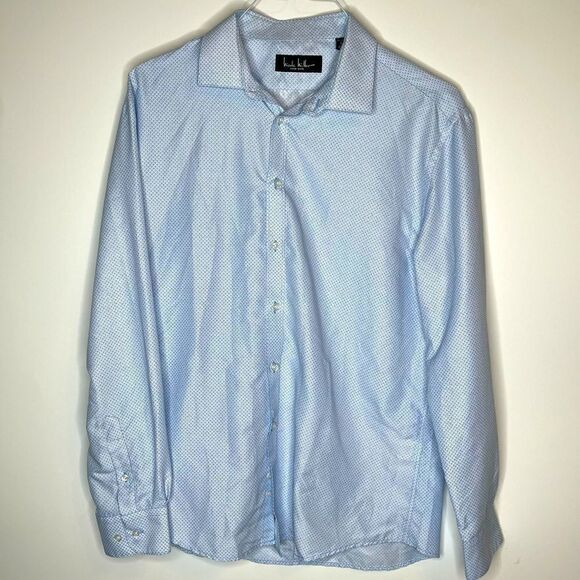 Large (16-16.5) Nicole Miller‎ Blue-White Print LS Dress Shirt - Picture 4 of 4